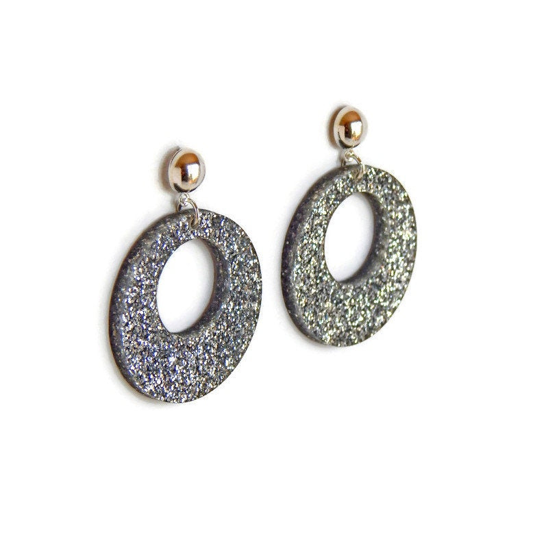 Silver Glitter Mod Circle Hoop Dangle Earrings