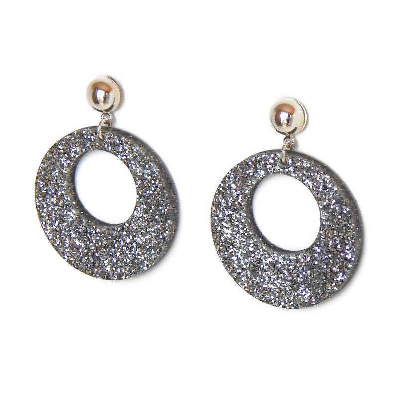 Silver Glitter Mod Circle Hoop Dangle Earrings