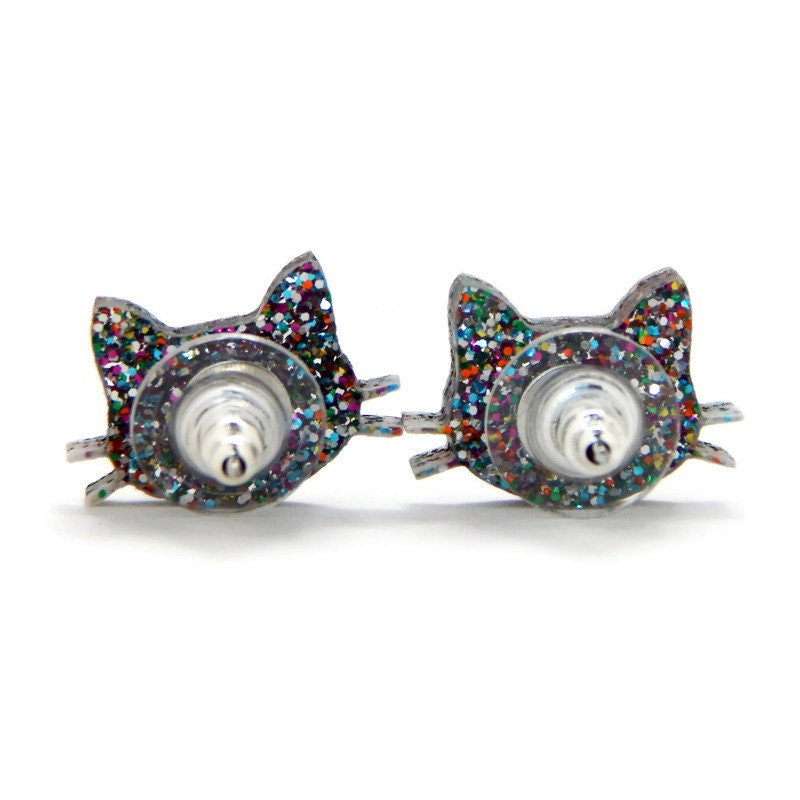 Rainbow Glitter Cat Stud Earrings