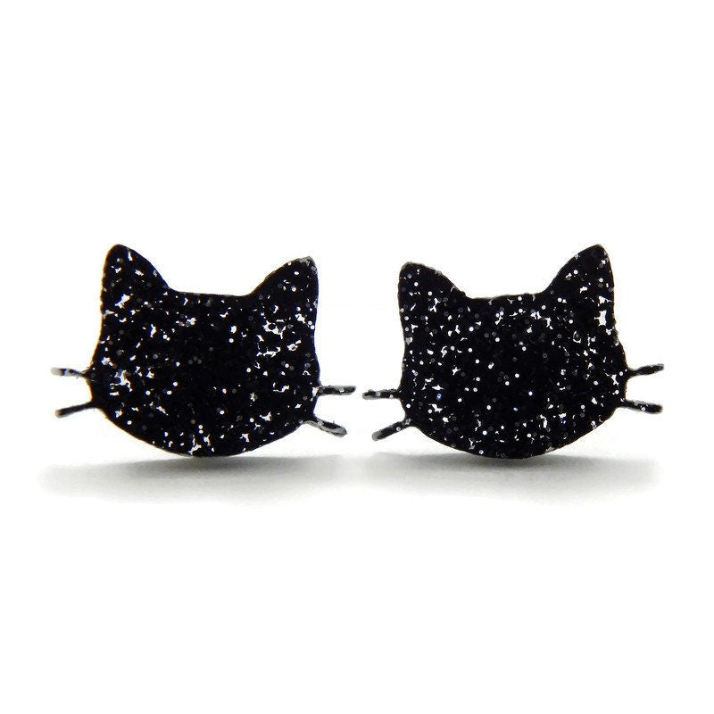 Black Glitter Cat Stud Earrings