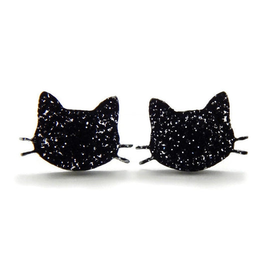 Black Glitter Cat Stud Earrings