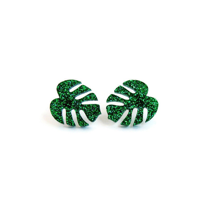 Green Glitter Monstera Stud Earrings