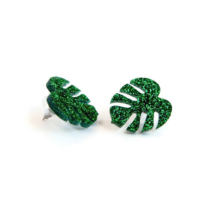 Green Glitter Monstera Stud Earrings