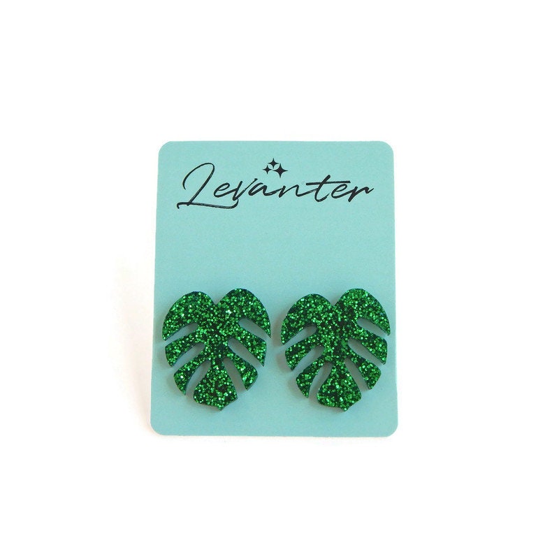 Green Glitter Monstera Stud Earrings