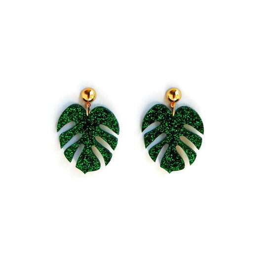 Green Glitter Monstera Leaf Dangle Earrings