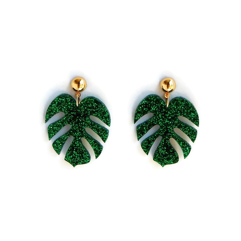 Green Glitter Monstera Leaf Dangle Earrings