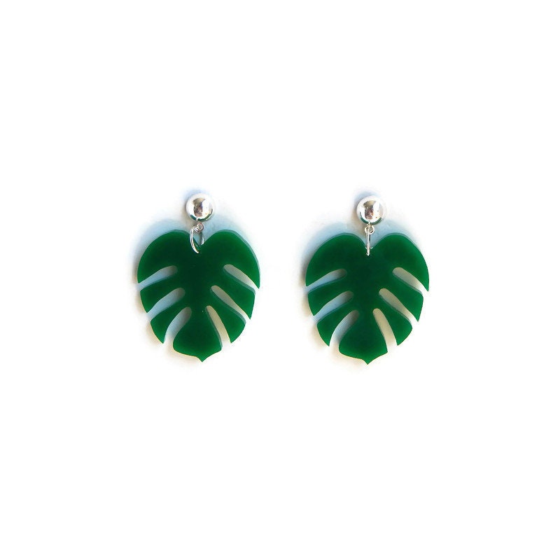 Green Monstera Leaf Dangle Earrings