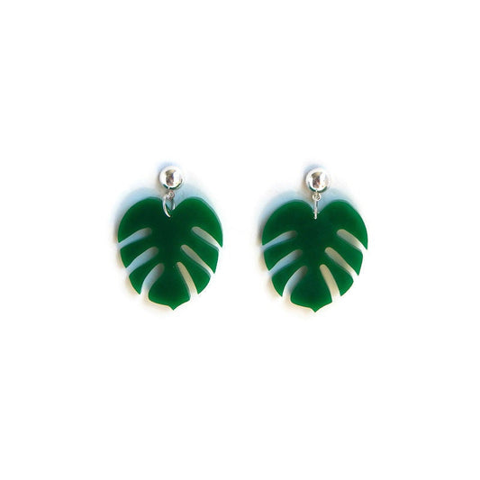 Green Monstera Leaf Dangle Earrings