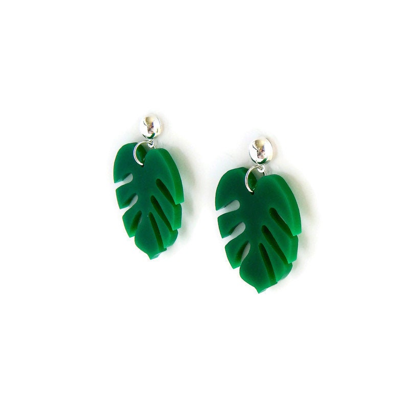 Green Monstera Leaf Dangle Earrings