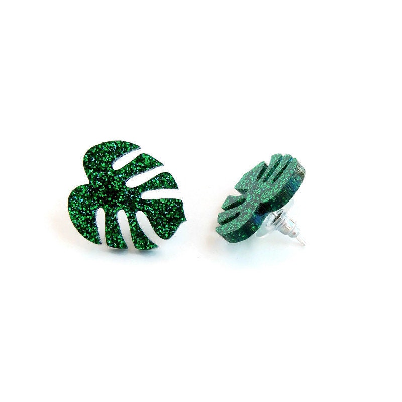 Green Glitter Monstera Stud Earrings