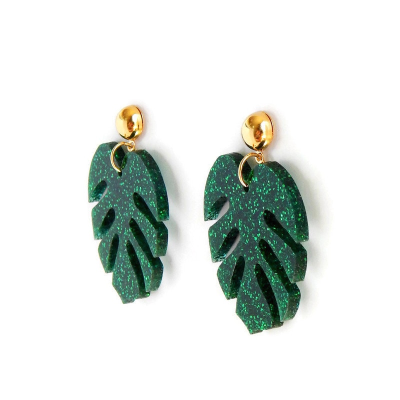 Green Glitter Monstera Leaf Dangle Earrings