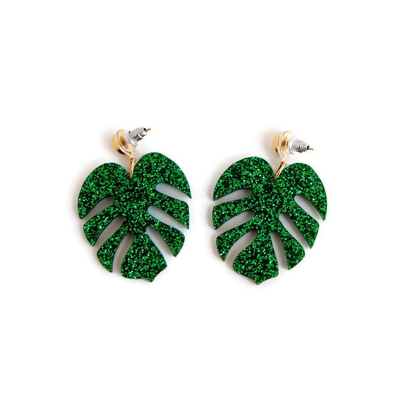 Green Glitter Monstera Leaf Dangle Earrings