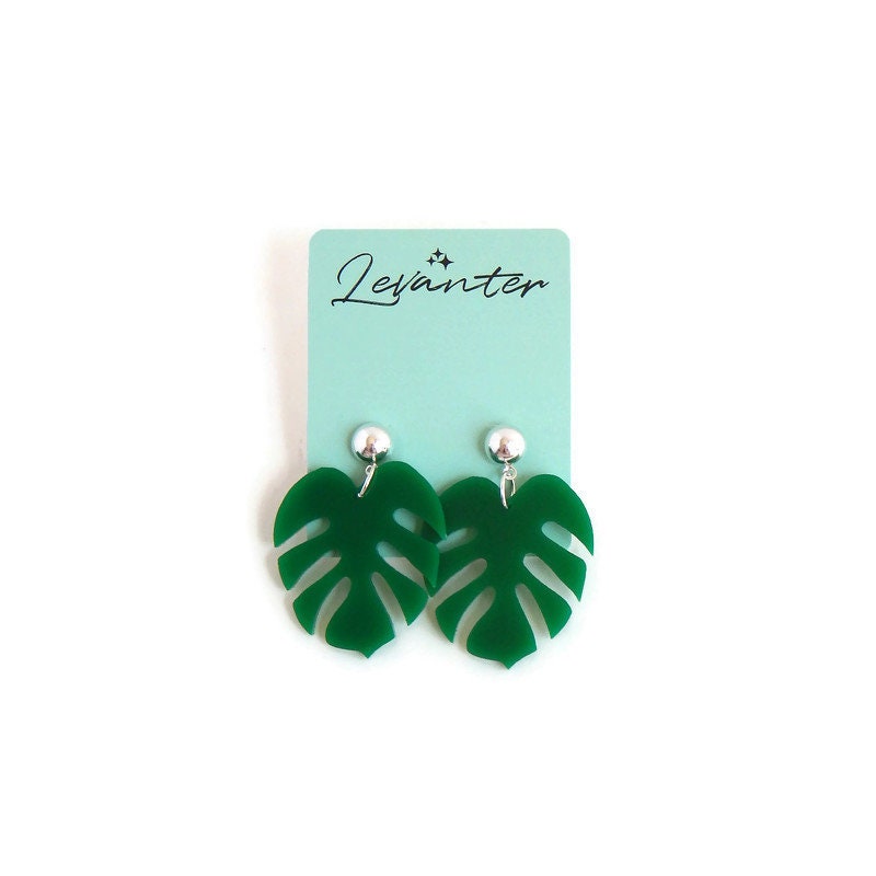 Green Monstera Leaf Dangle Earrings