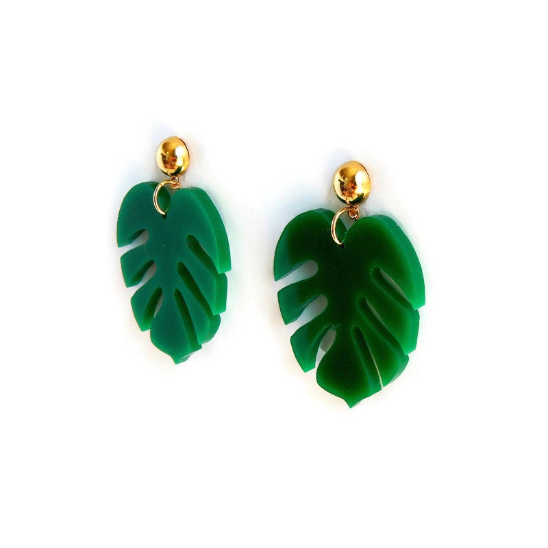 Green Monstera Leaf Dangle Earrings