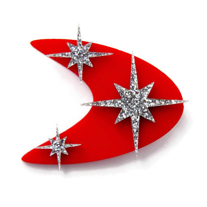 Retro Red and Silver Boomerang Brooch