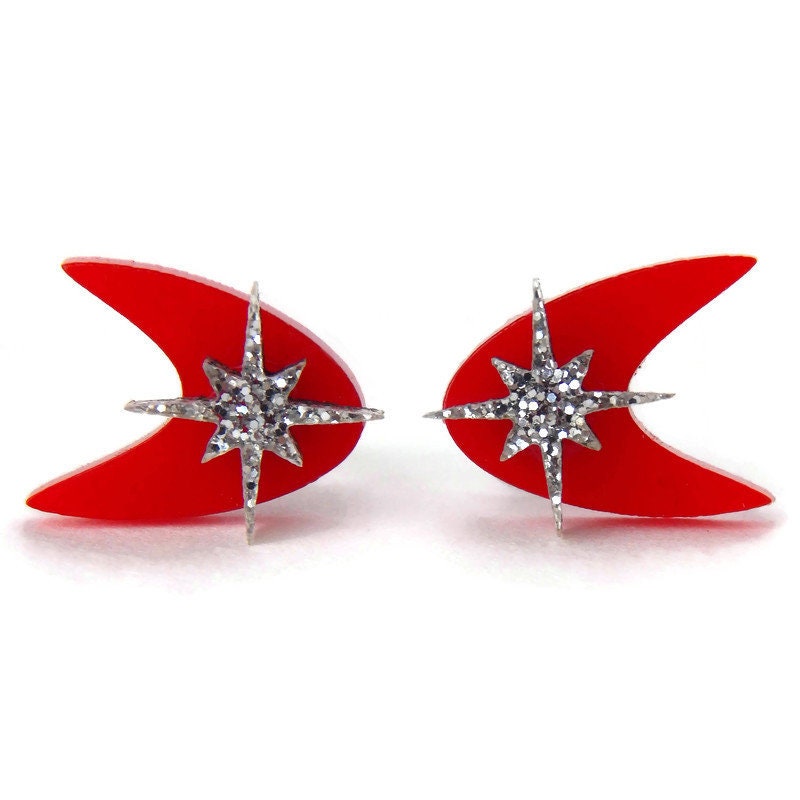 Red Mid Century Boomerang Stud Earrings