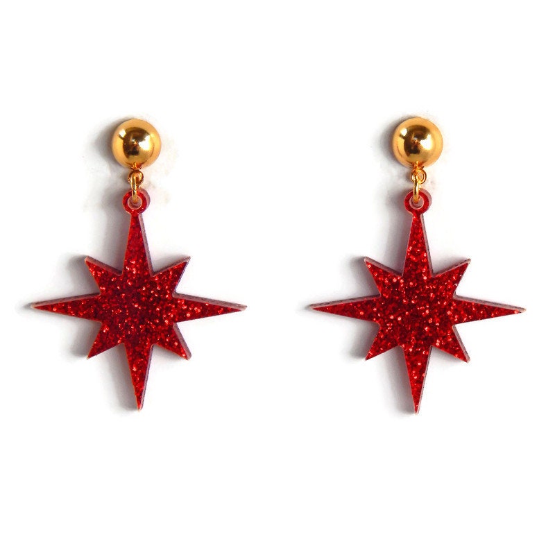 Red Glitter Starburst Dangle Earrings