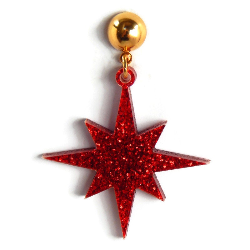 Red Glitter Starburst Dangle Earrings