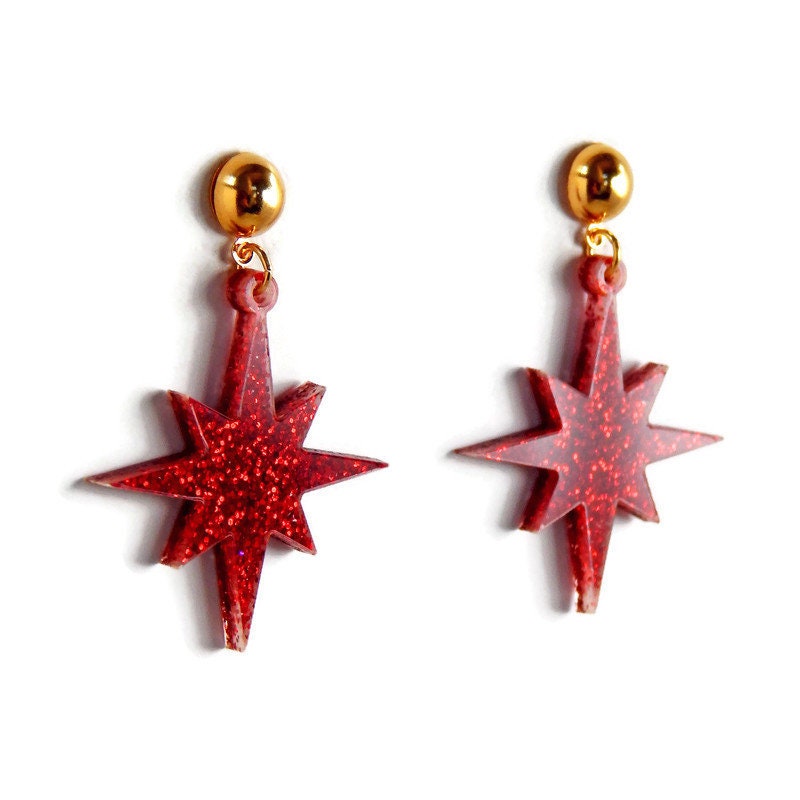 Red Glitter Starburst Dangle Earrings