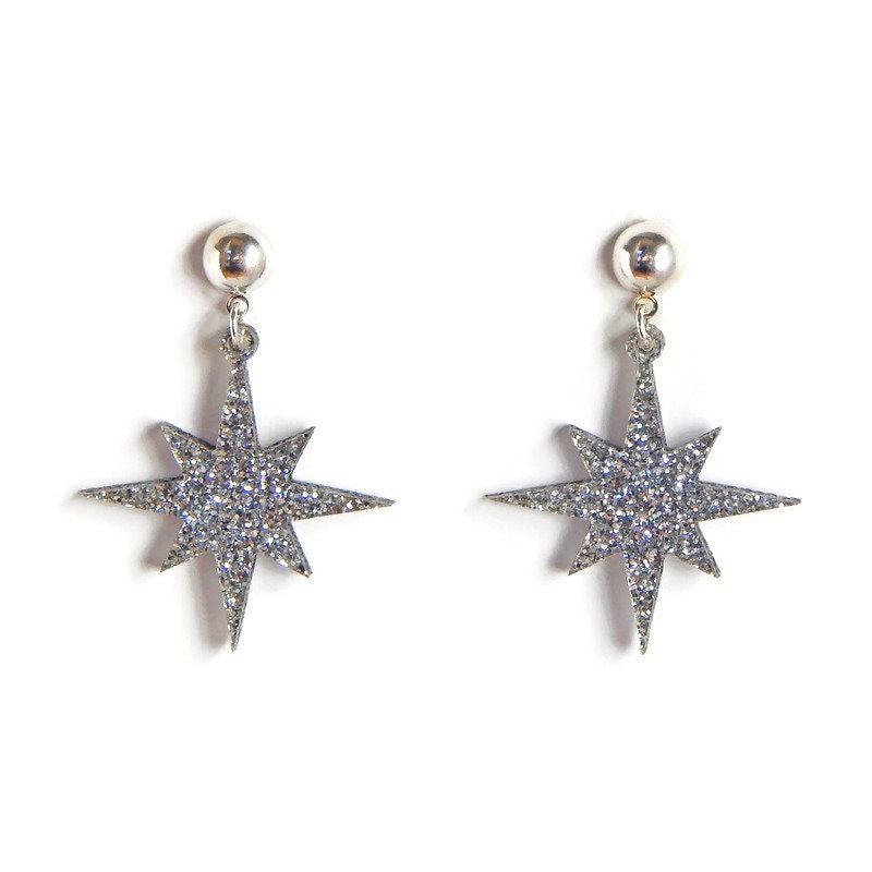 Silver Glitter Starburst Dangle Earrings