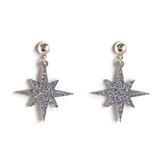 Silver Glitter Starburst Dangle Earrings