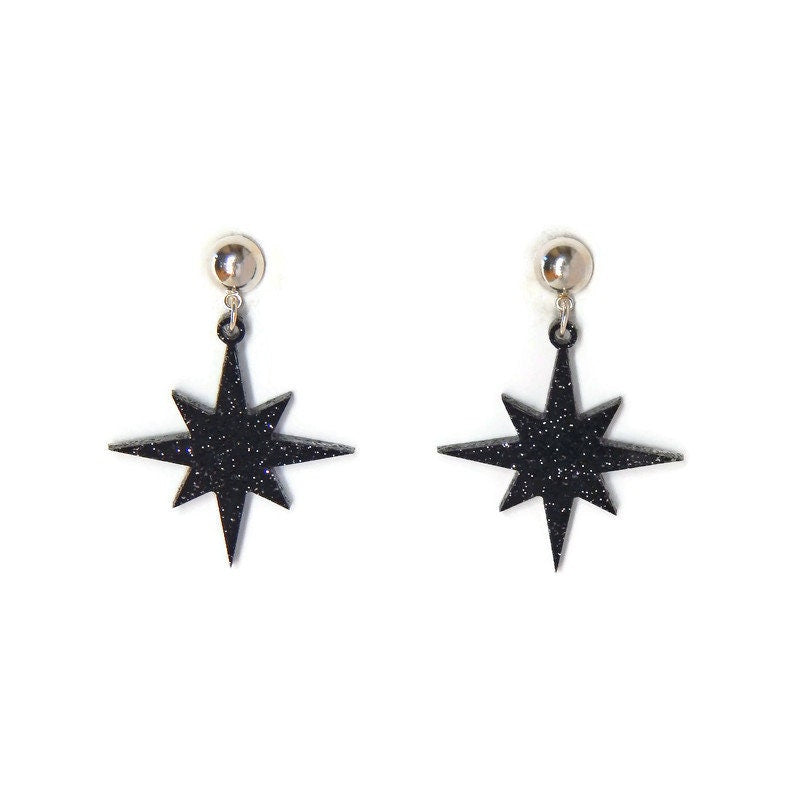 Black Glitter Starburst Dangle Earrings