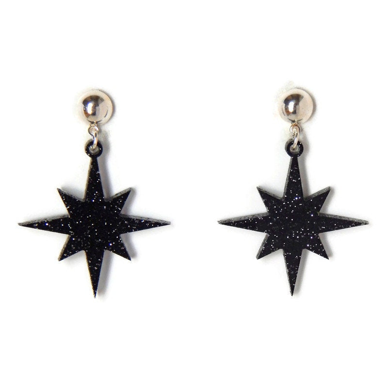 Black Glitter Starburst Dangle Earrings