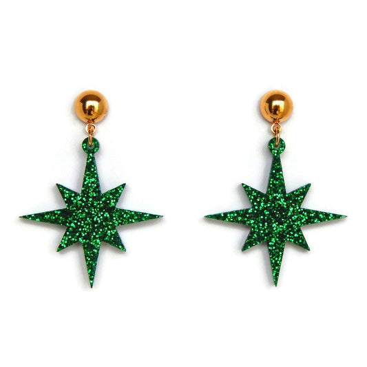 Green Glitter Starburst Dangle Earrings