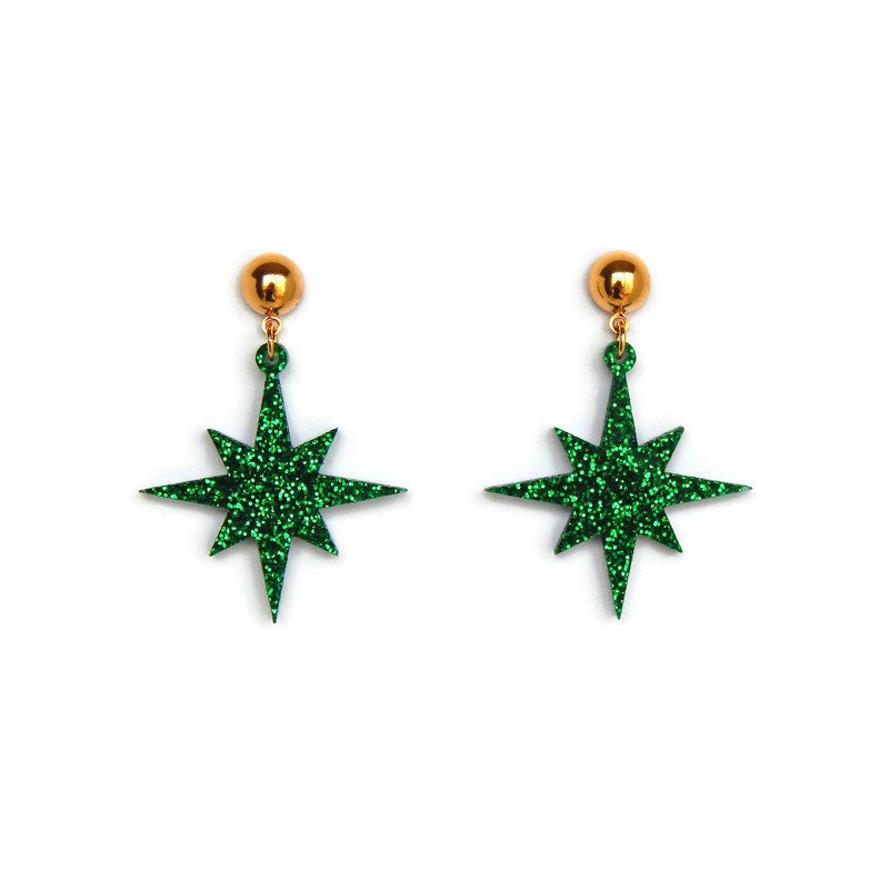 Green Glitter Starburst Dangle Earrings