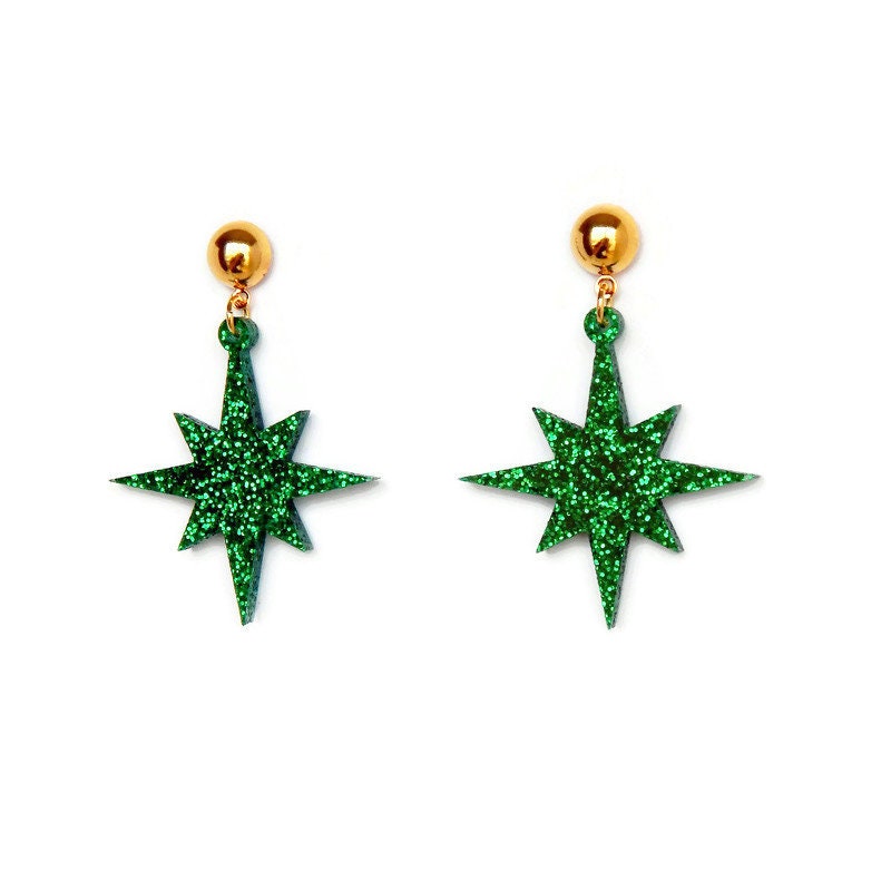 Green Glitter Starburst Dangle Earrings