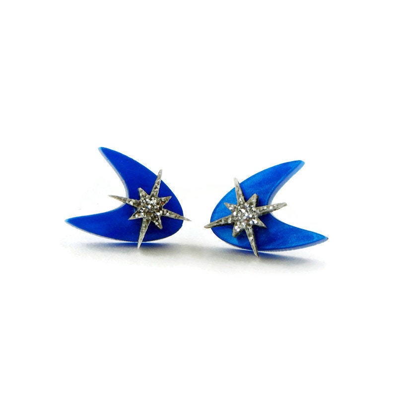 Retro Blue Boomerang Stud Earrings