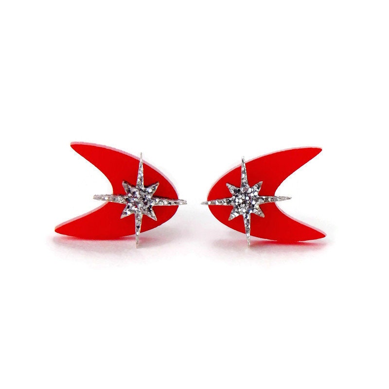 Red Mid Century Boomerang Stud Earrings