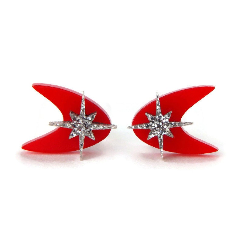 Red Mid Century Boomerang Stud Earrings