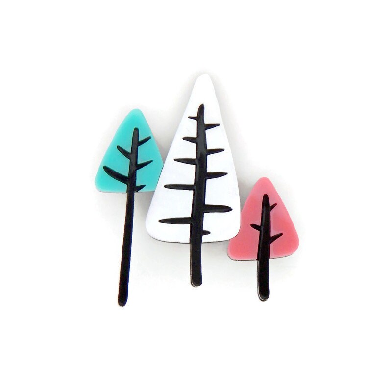 Pink and Aqua Mid Century Modern Trees Brooch