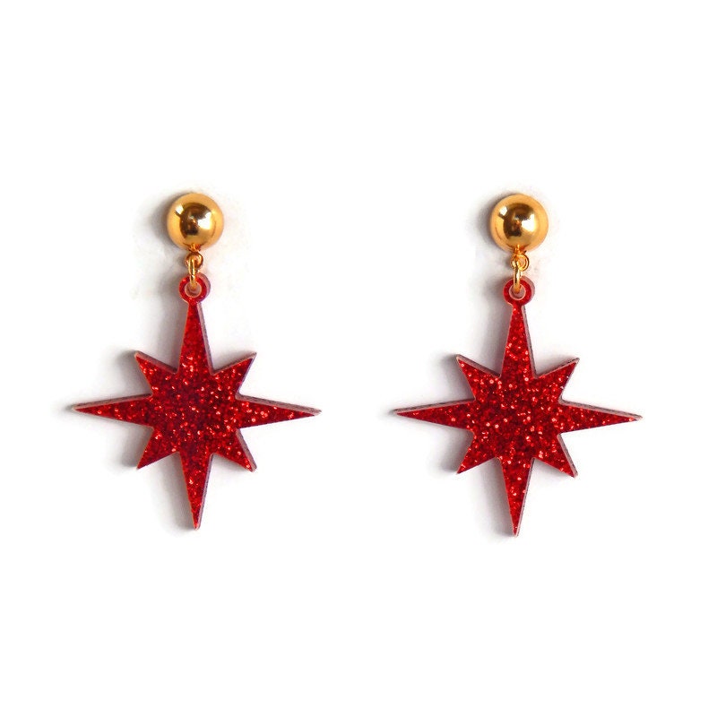 Red Glitter Starburst Dangle Earrings