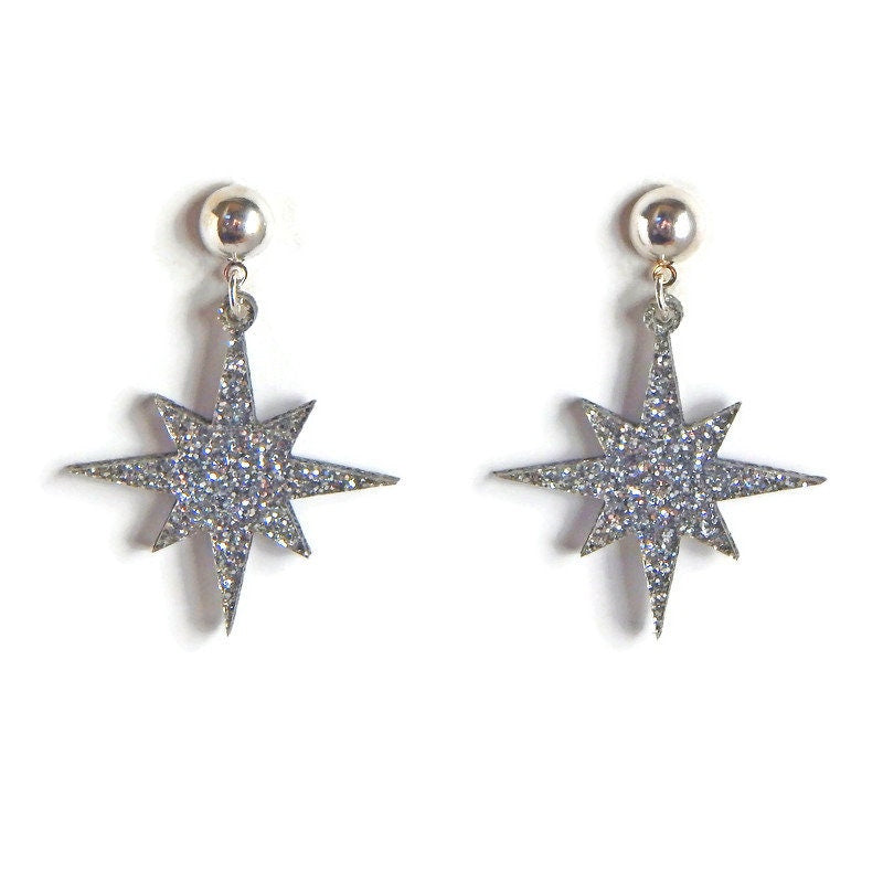 Silver Glitter Starburst Dangle Earrings