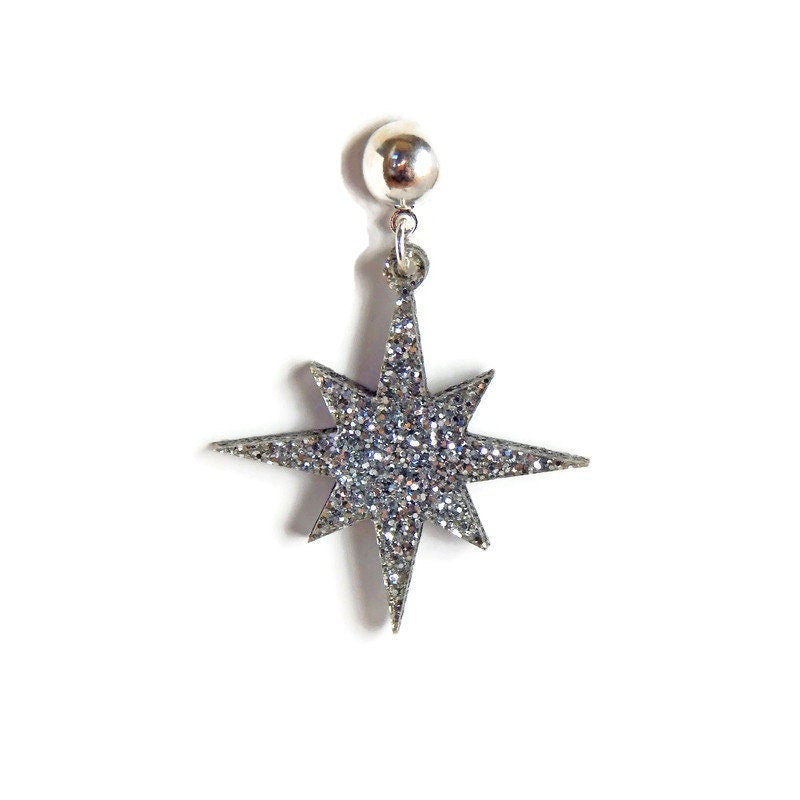 Silver Glitter Starburst Dangle Earrings