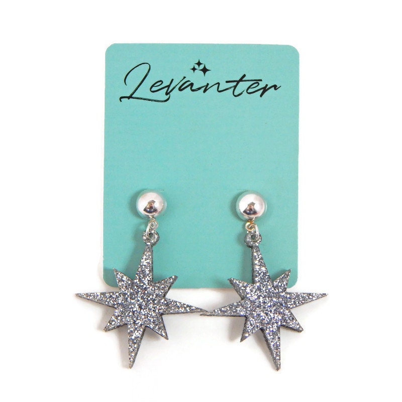 Silver Glitter Starburst Dangle Earrings