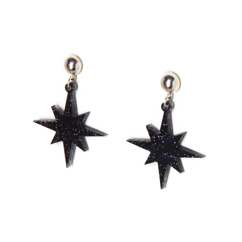 Black Glitter Starburst Dangle Earrings