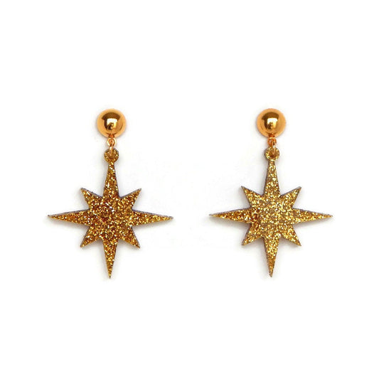 Gold Glitter Starburst Dangle Earrings