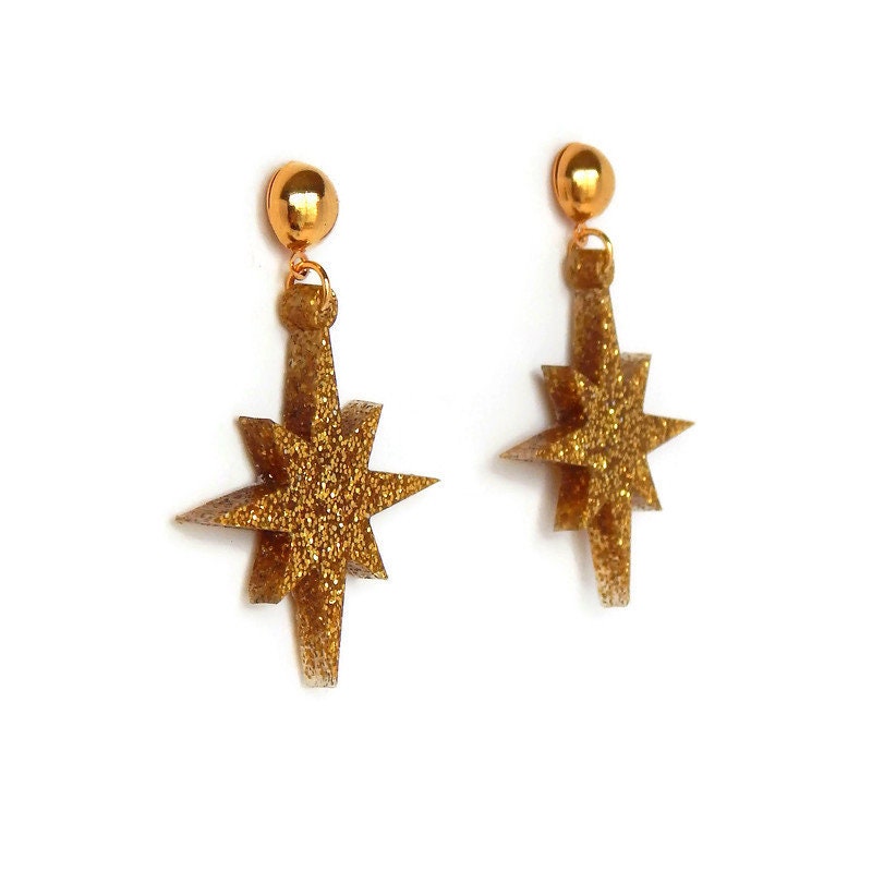 Gold Glitter Starburst Dangle Earrings