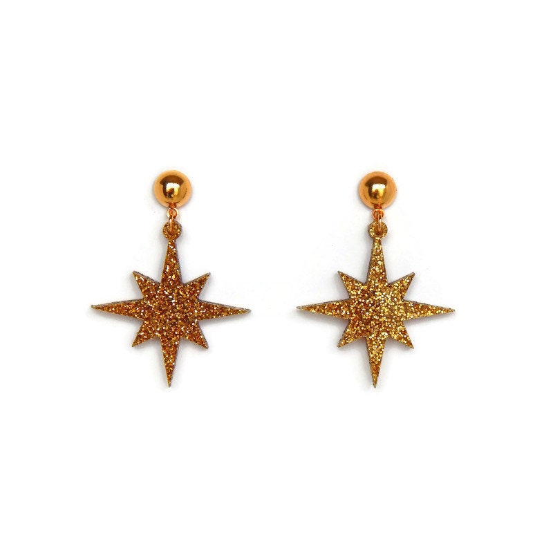 Gold Glitter Starburst Dangle Earrings