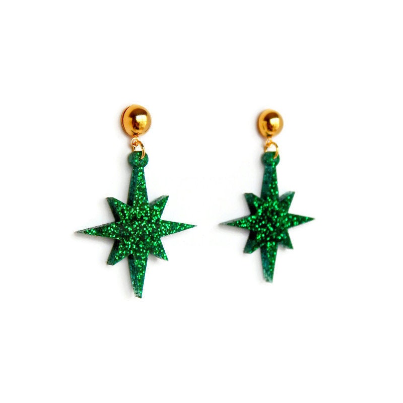 Green Glitter Starburst Dangle Earrings