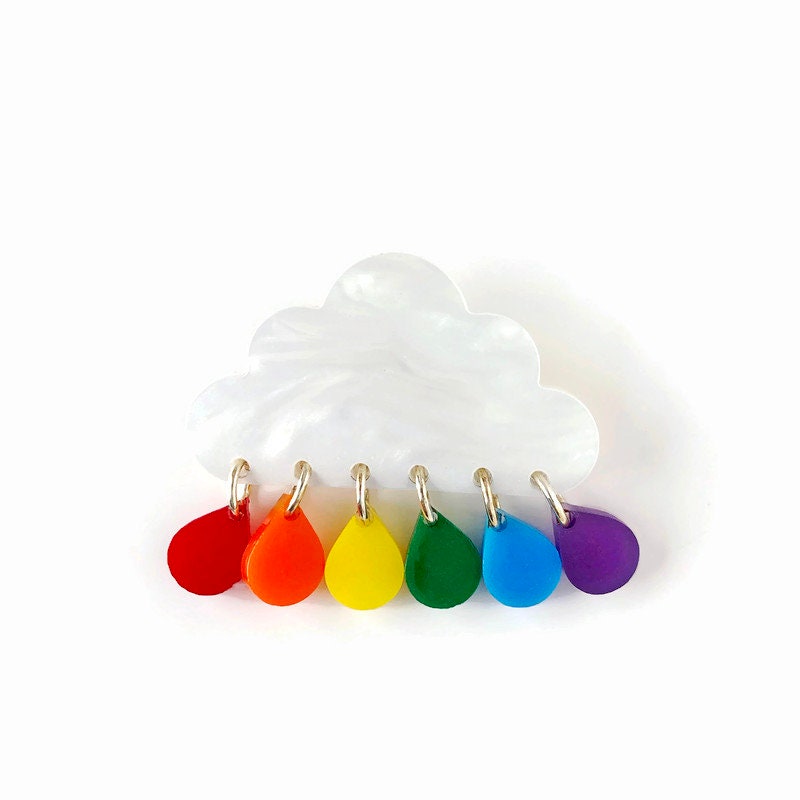 Cloud and Rainbow Raindrop Brooch