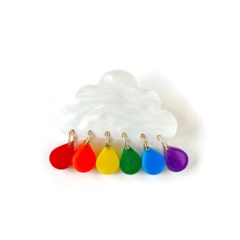 Cloud and Rainbow Raindrop Brooch