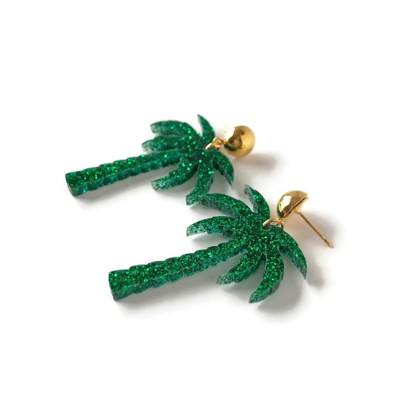 Green Glitter Palm Tree Dangle Earrings