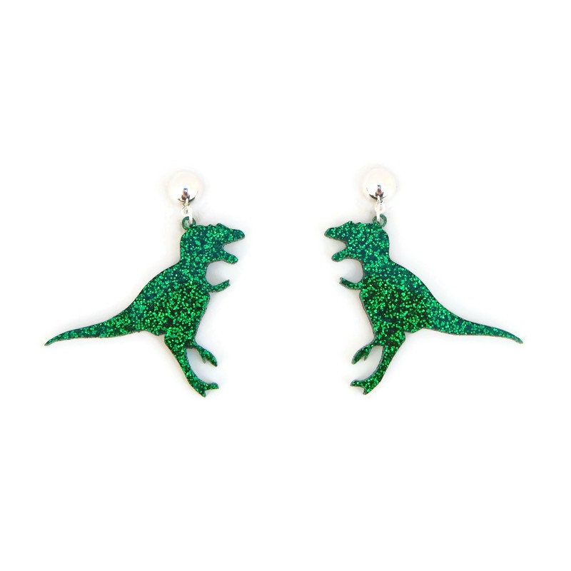 Green Glitter T-Rex Dinosaur Earrings