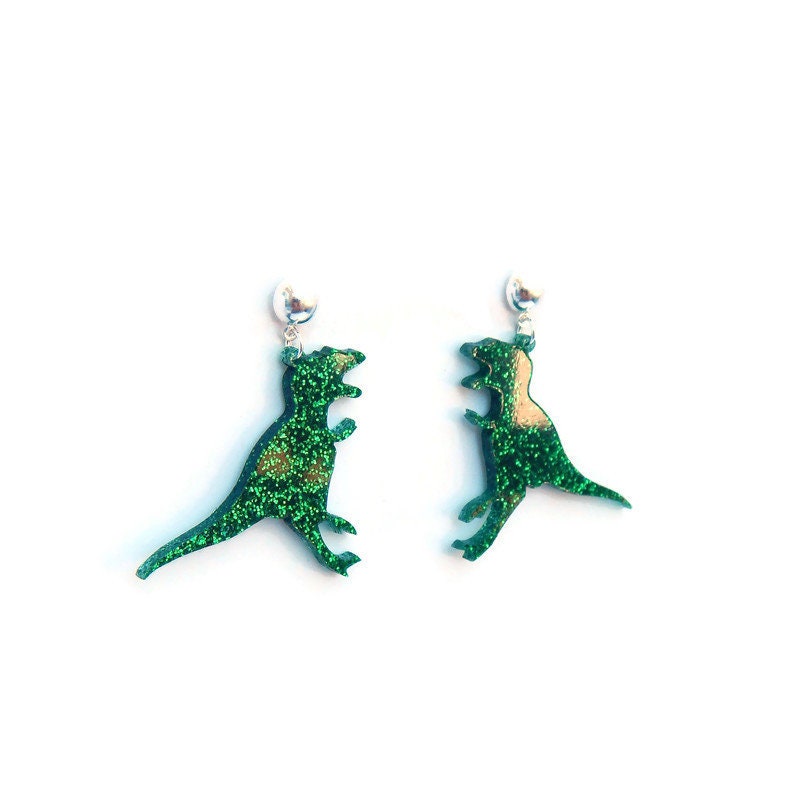 Green Glitter T-Rex Dinosaur Earrings