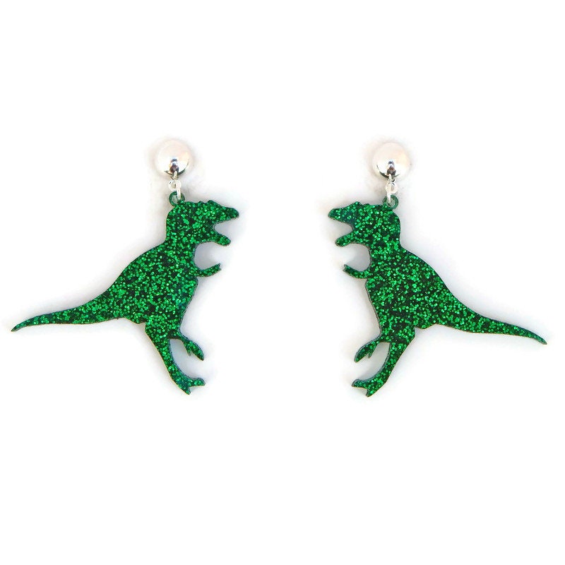 Green Glitter T-Rex Dinosaur Earrings