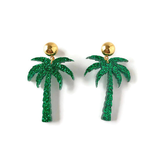 Green Glitter Palm Tree Dangle Earrings